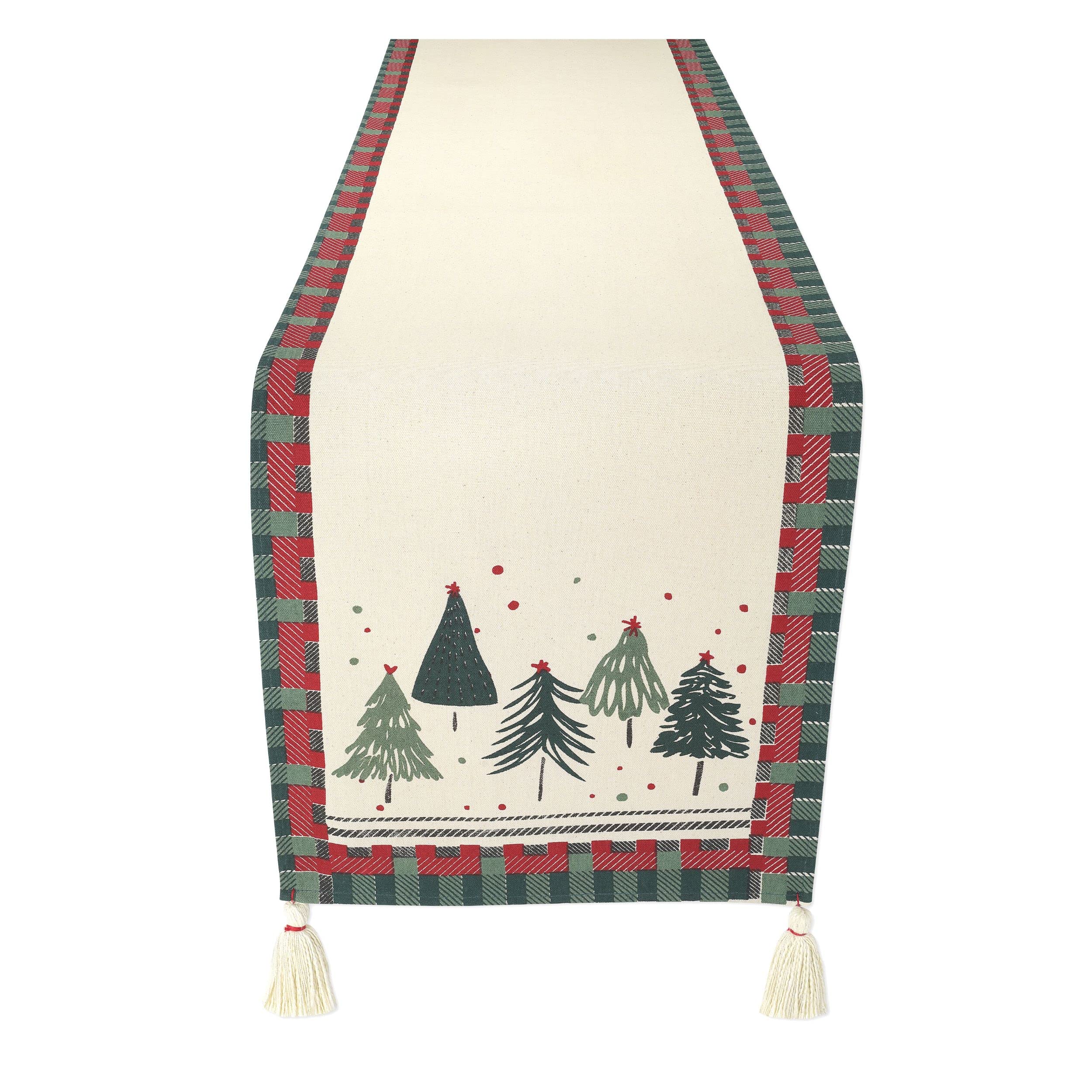 Folkulture camino de mesa con árboles en cuadros rojos, ideal para decorar mesa navideña.