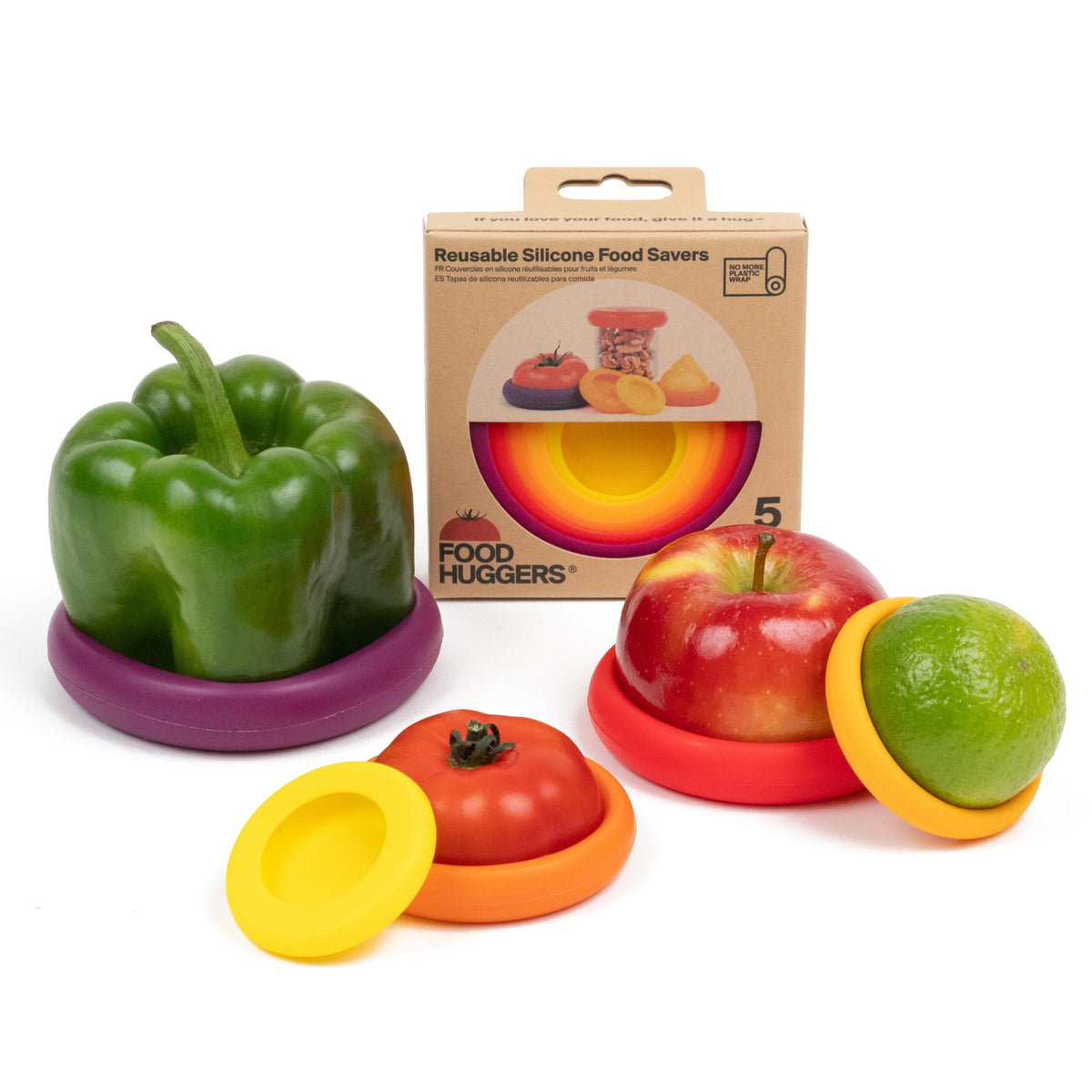Food Huggers: conjunto de 5 tapas reutilizables para mantener frescos los alimentos.