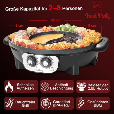 Food Party Hot Pot Grill 2 en 1, capacidad hot pot 2L: perfecta para cenas