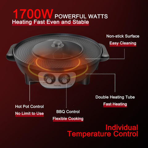 Food Party Hot Pot Grill 2 en 1, controles independientes: cocina precisa