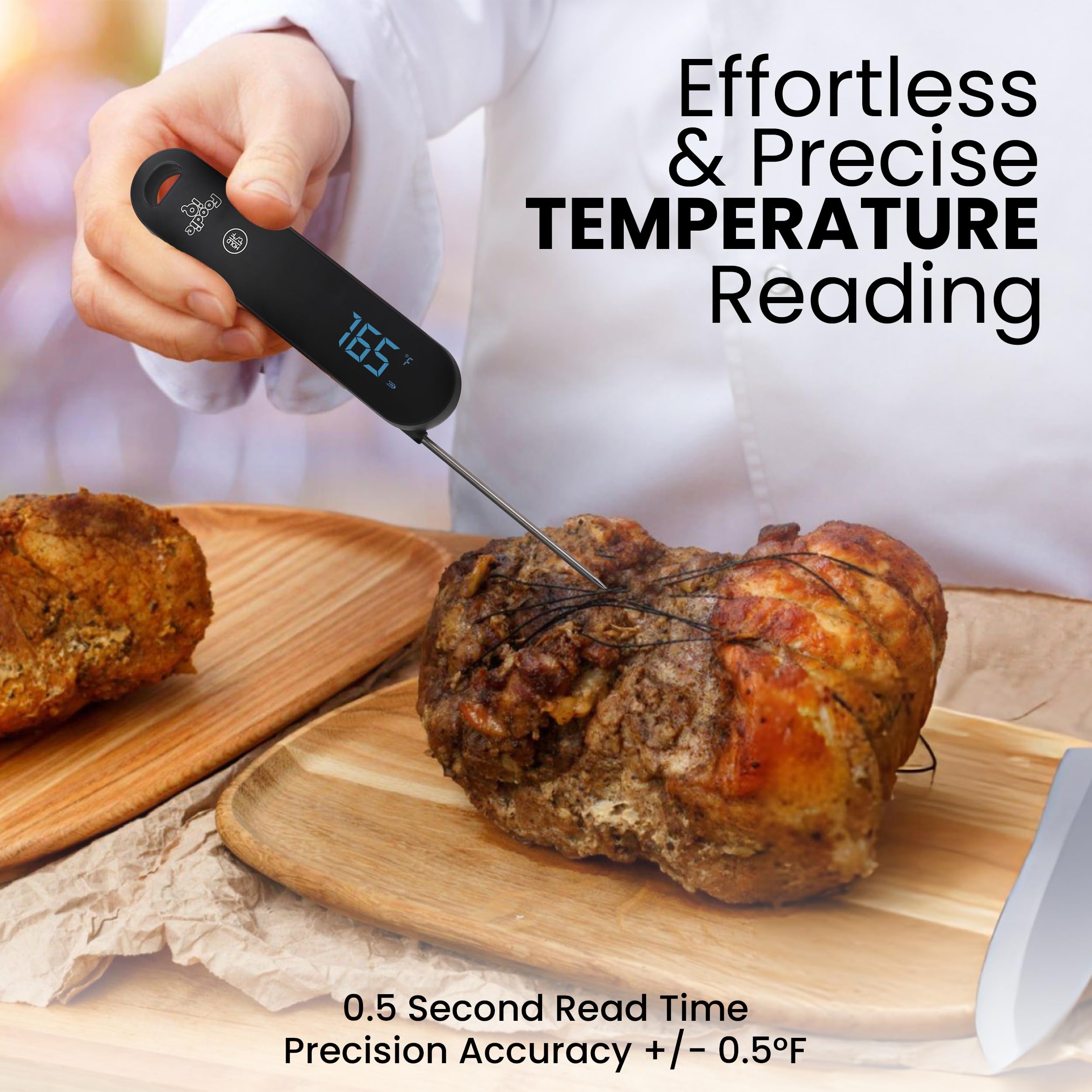 Foodie IQ termómetro digital, diseño IP67 para uso en entornos mojados.