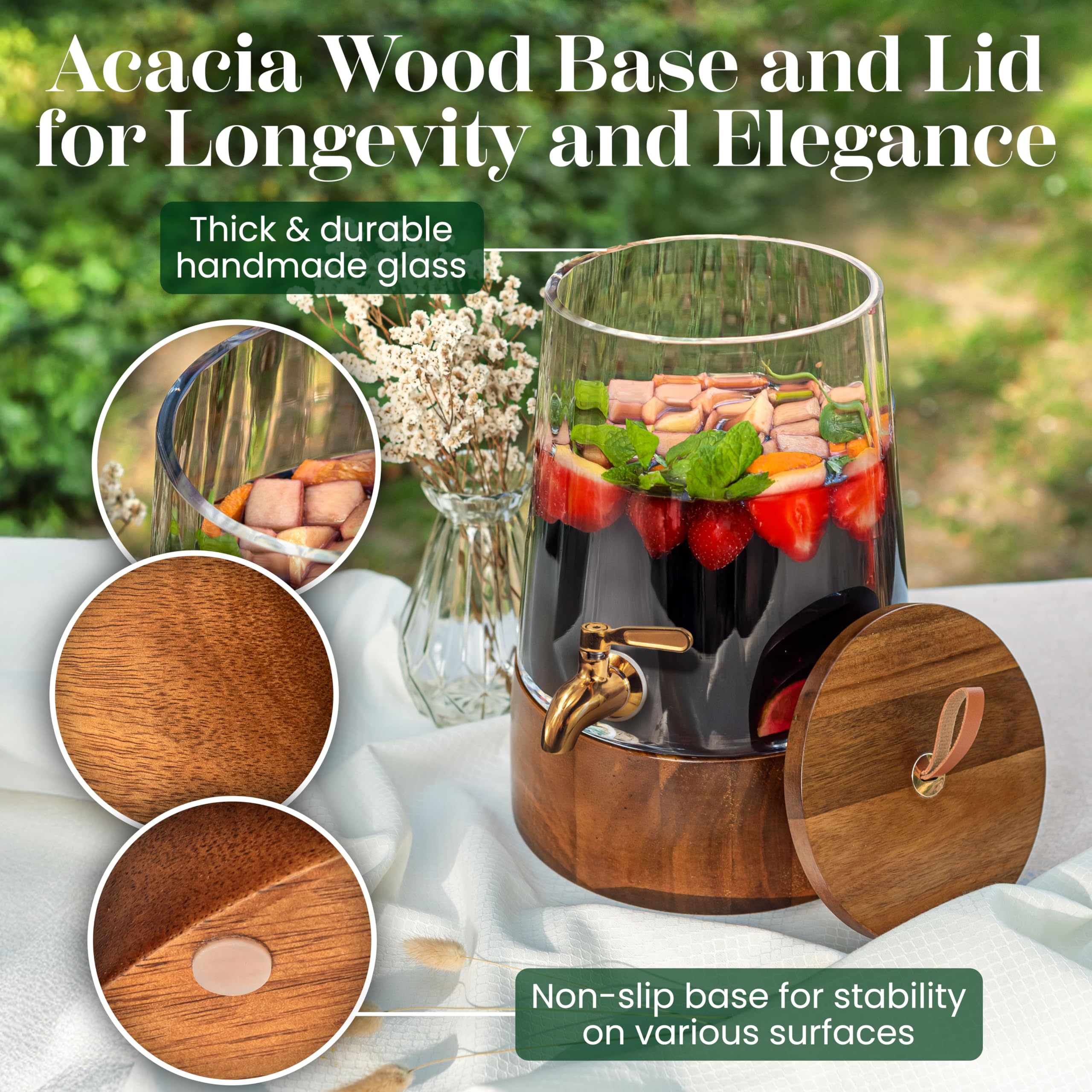 FOODLE Dispensador de vidrio con base de acacia, ideal para reuniones