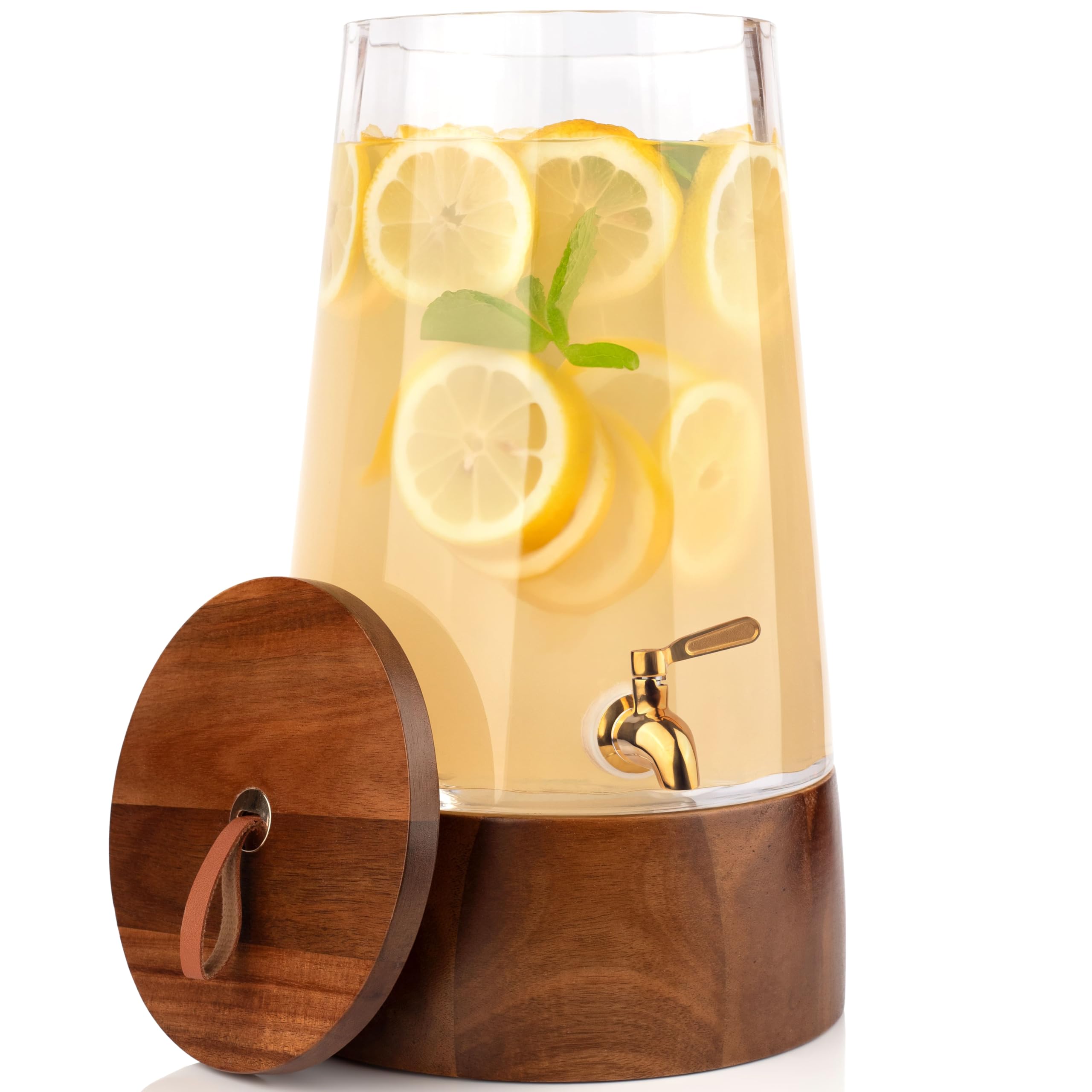 Dispenser FOODLE de vidrio grande con base de madera, ideal para presentaciones elegantes.