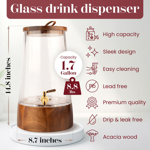 Dispenser FOODLE de vidrio grueso que muestra bebidas con claridad.