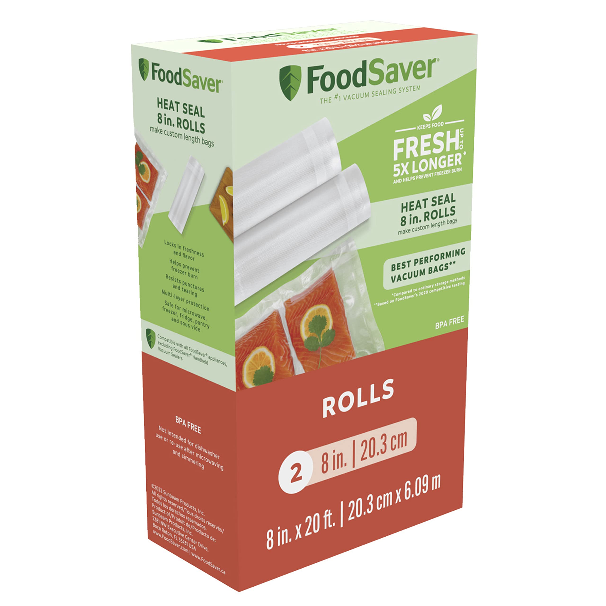 FoodSaver: rollos de 8 pulgadas por 20 pies para bolsas a medida y frescura prolongada