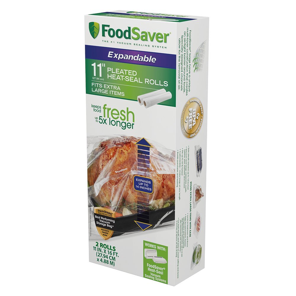 FoodSaver bolsas extragrandes al vacío con rollos expandibles 11x16 para grandes piezas.