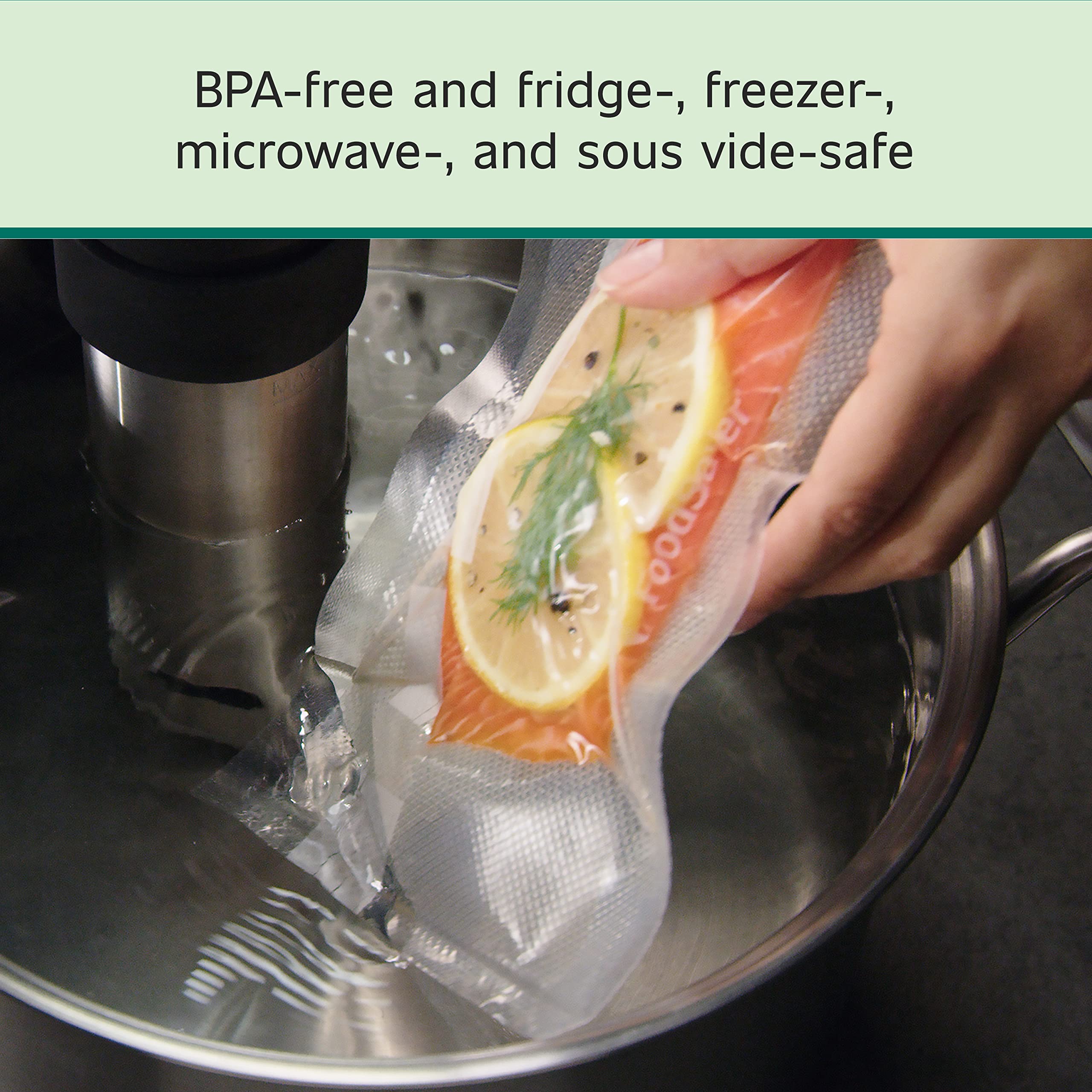 FoodSaver bolsas duraderas y lavables, aptas para reutilizar.