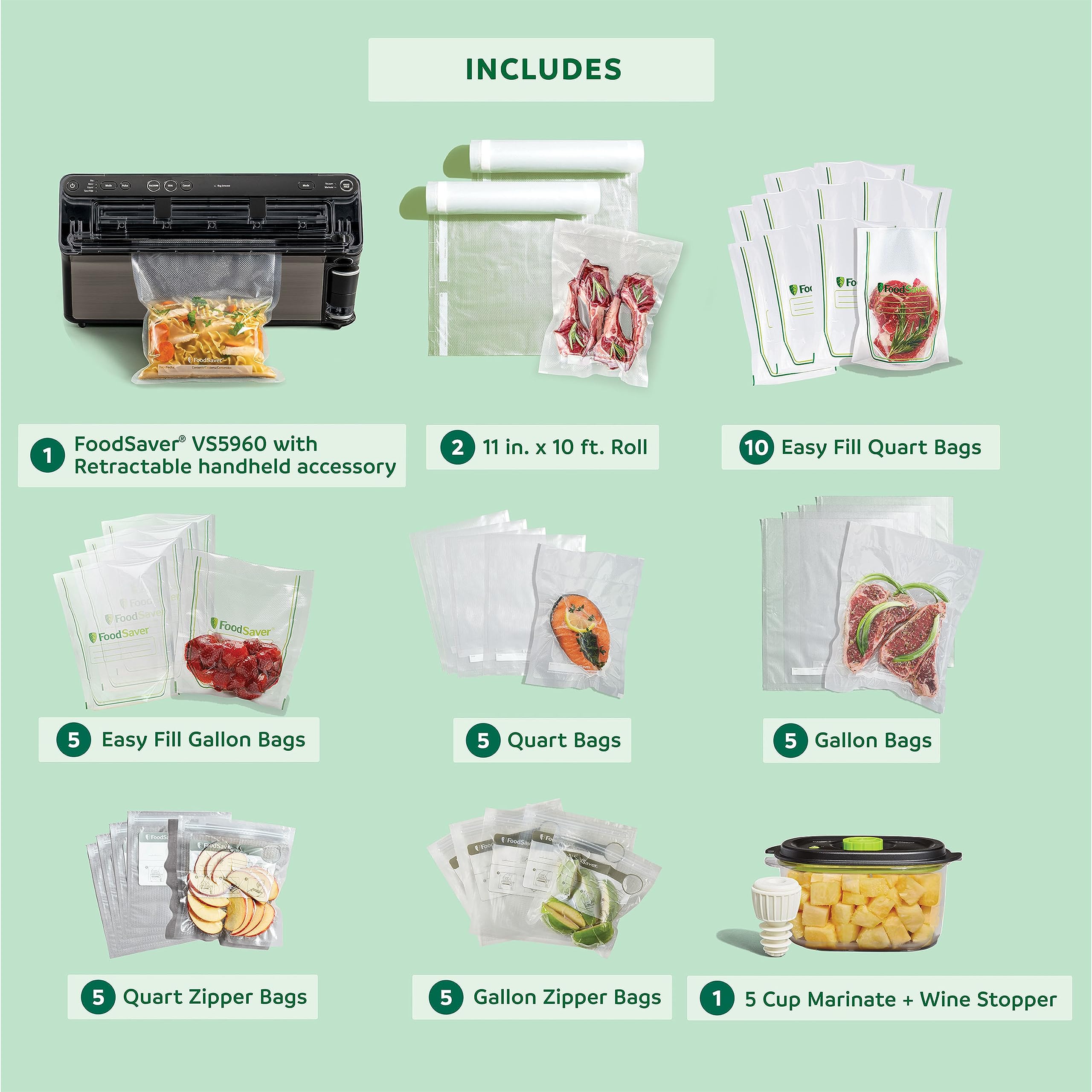 FoodSaver Elite Liquid+ accesorios incluidos amplían opciones de conservación.