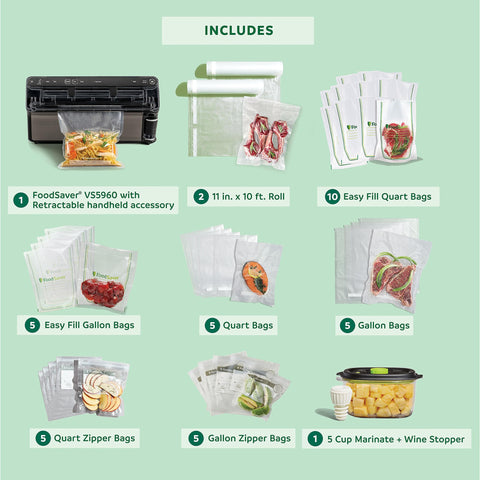 FoodSaver Elite Liquid+ accesorios incluidos amplían opciones de conservación.