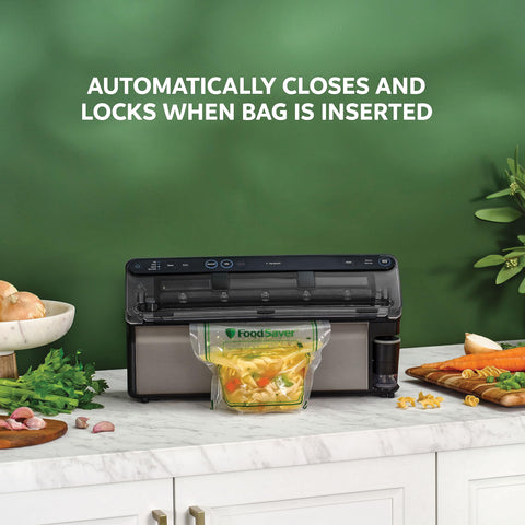 FoodSaver Elite Liquid+ almacenamiento de bolsas facilita organización y porciones.
