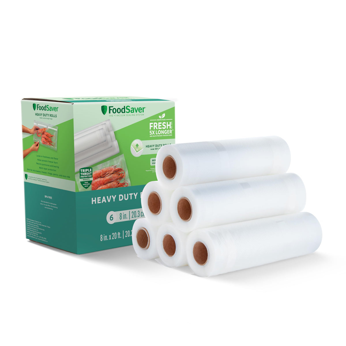 FoodSaver rollos de 8x20 pulgadas, sellado al vacío de alta resistencia para conservación prolongada.