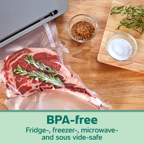 FoodSaver material sin BPA y apto para microondas.
