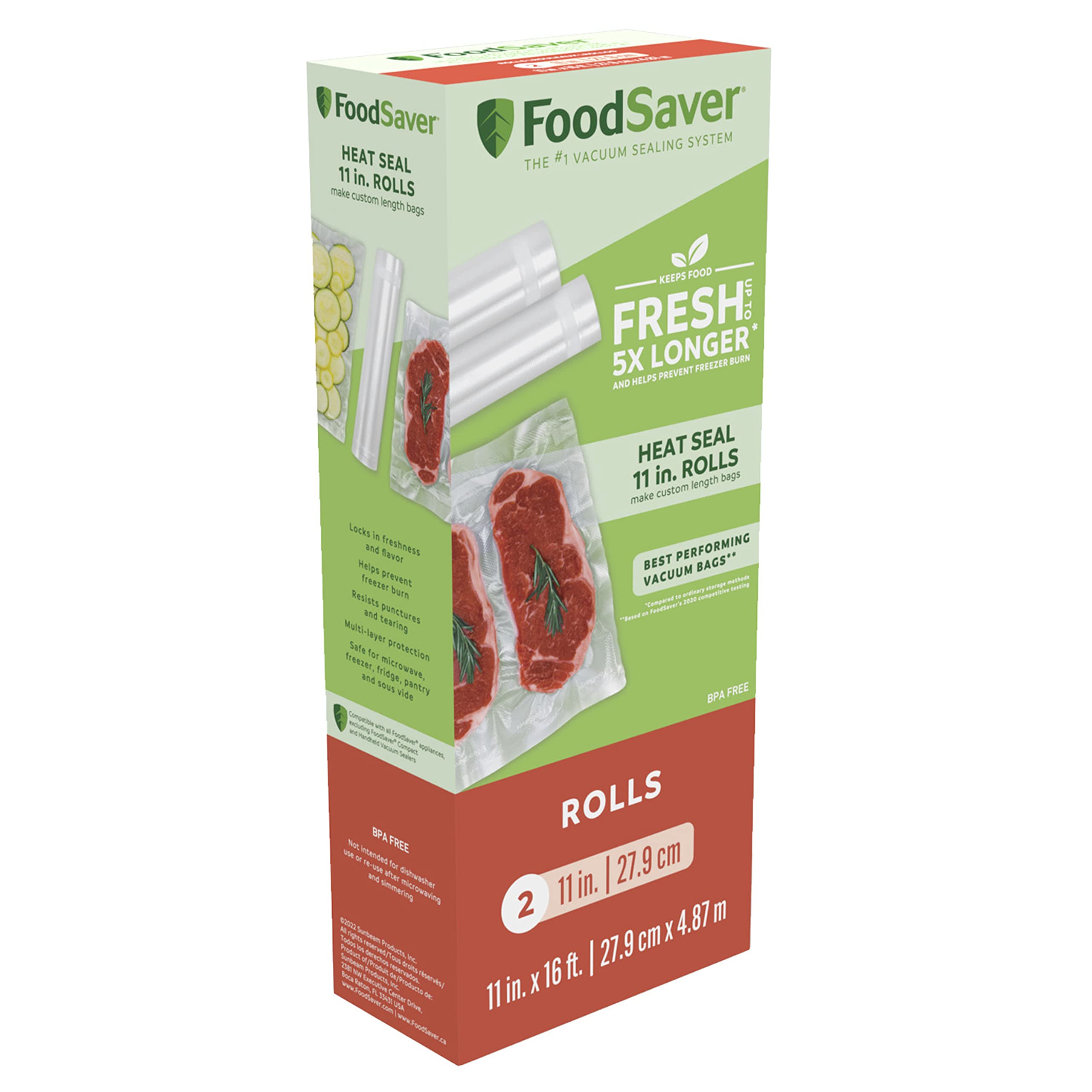 FoodSaver: rollos al vacío 11x16 para bolsas a medida y reducción de desperdicio.