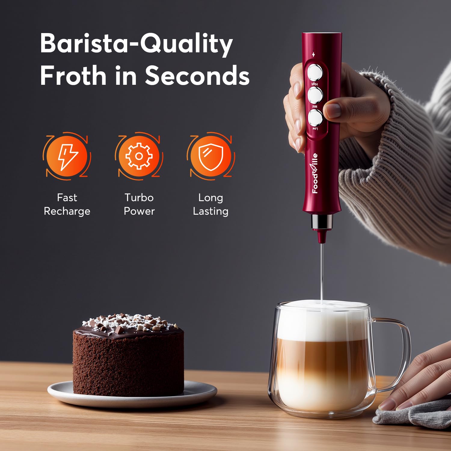 FoodVille MF02 batidor de leche para bebidas cetogénicas y proteínas con textura rica.