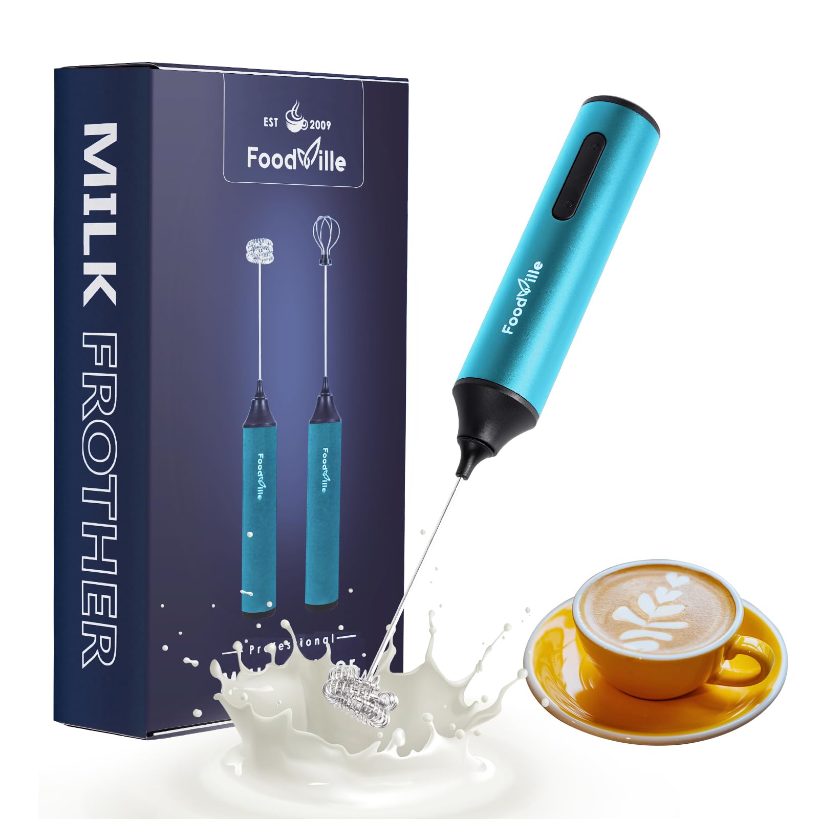 FoodVille MF05 espumador de leche azul celeste generando espuma cremosa para cappuccino