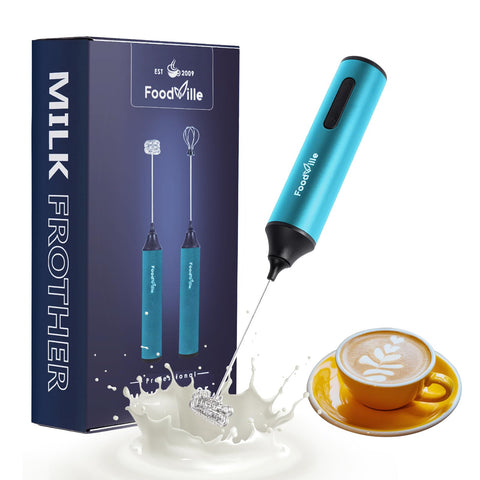 FoodVille MF05 espumador de leche azul celeste generando espuma cremosa para cappuccino