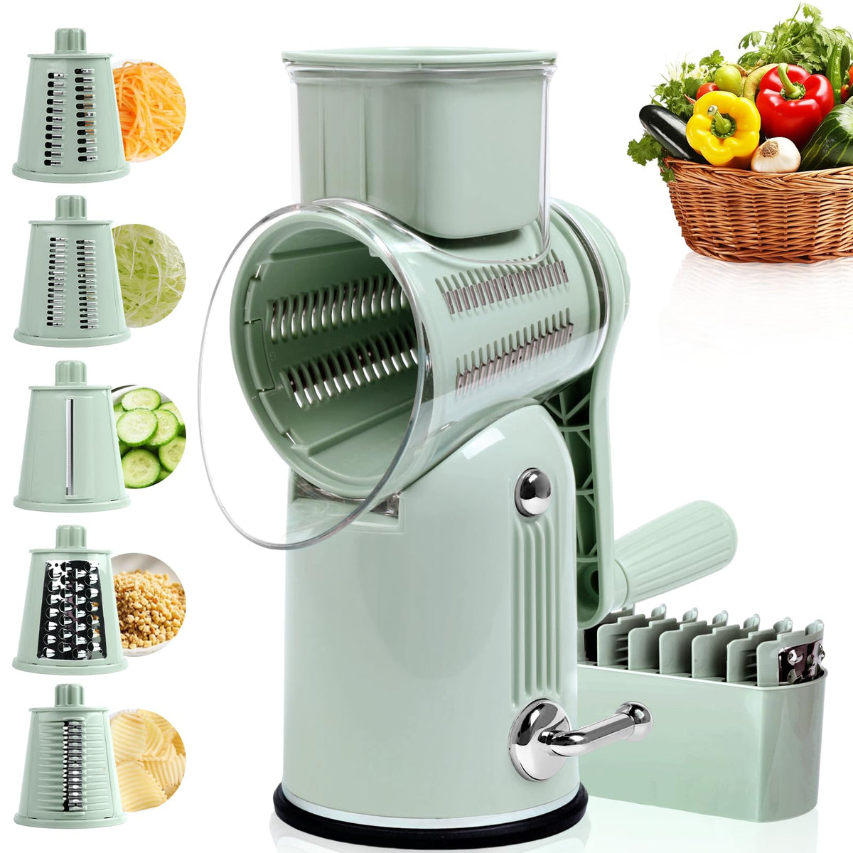Fooyoubei rallador giratorio verde con base ventosa estable para cocinar con seguridad.