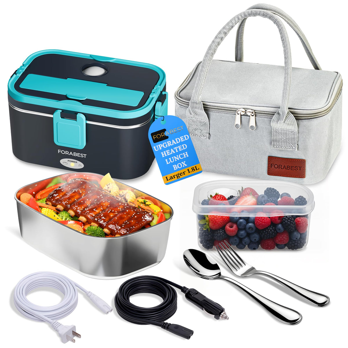 FORABEST caja térmica 80W, contenedor de acero inoxidable de 1.8L para comidas calientes.