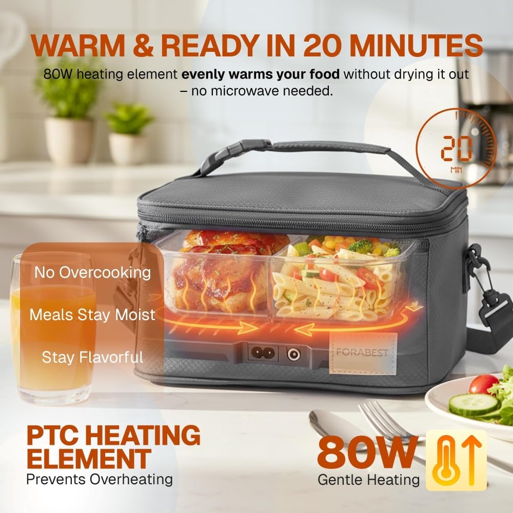 FORABEST lonchera eléctrica incluye utensilios de acero inoxidable para comer donde estés.