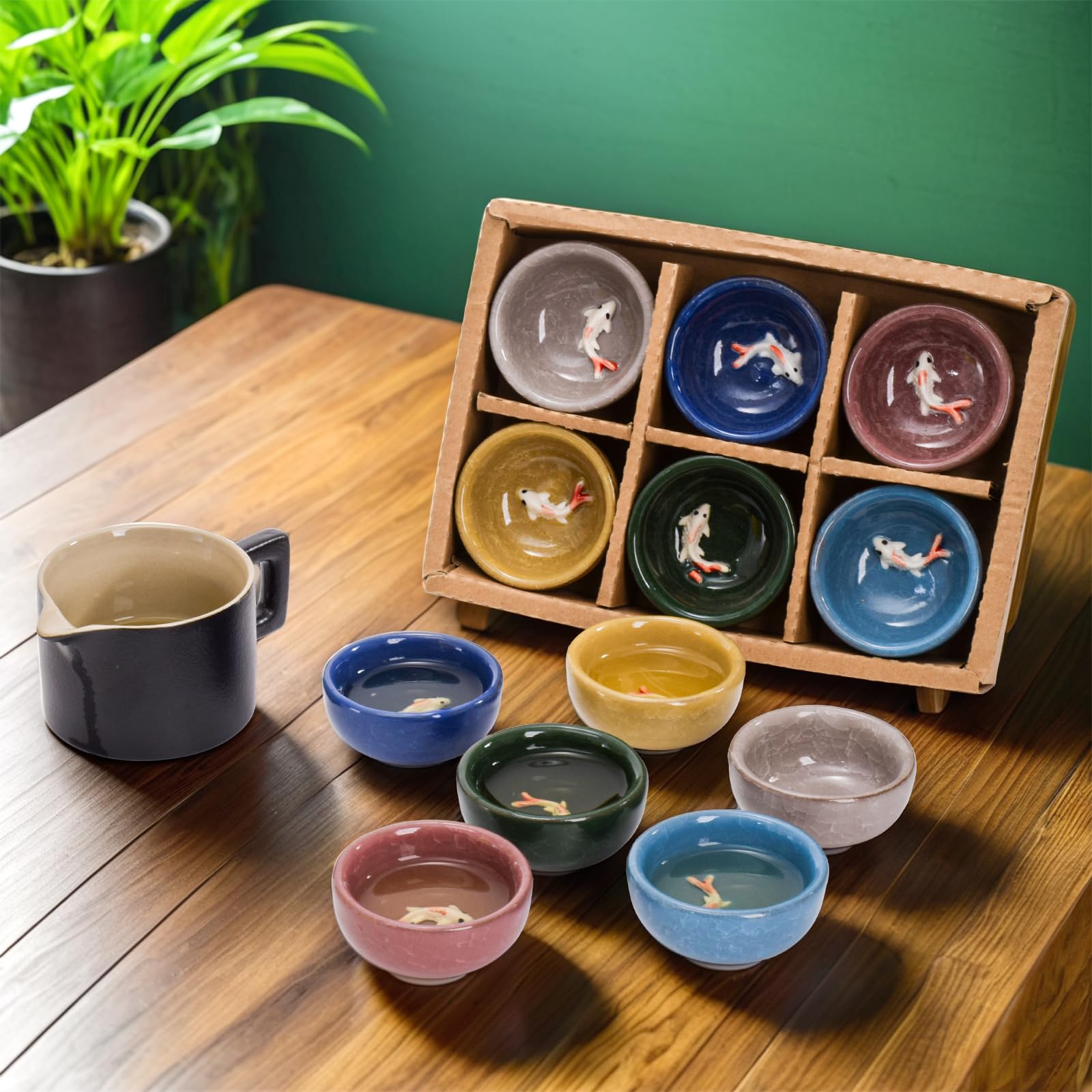 Foraineam tazas con motivo koi al fondo; buena fortuna al beber.