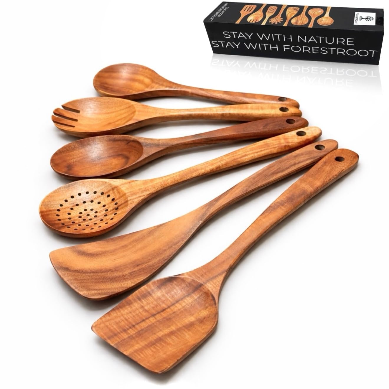 Forestroot: utensilios de teca, 6 piezas para cocinar y servir sin rayar.