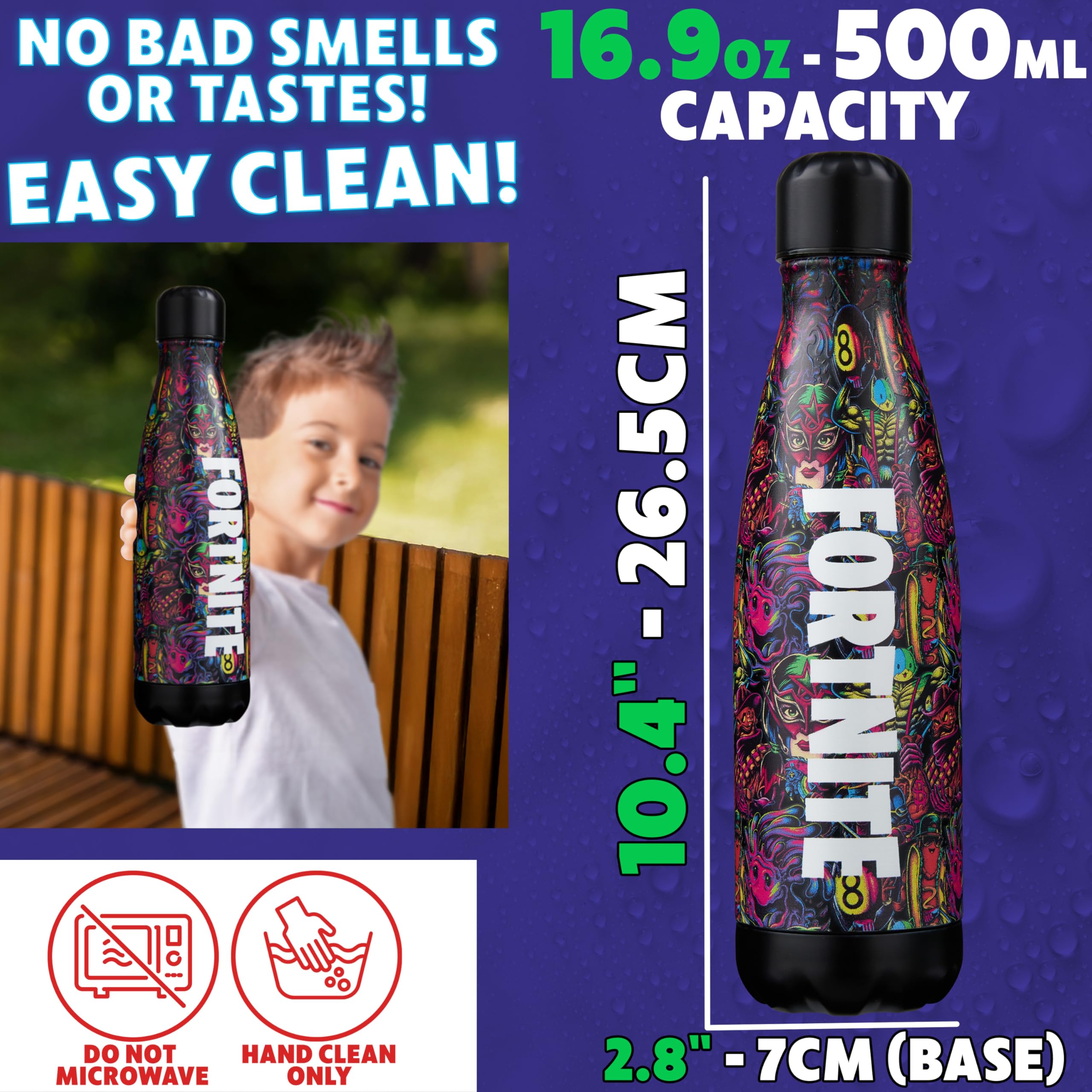 Botella Fortnite compacta y portátil, cabe en portavasos y bolsillos.