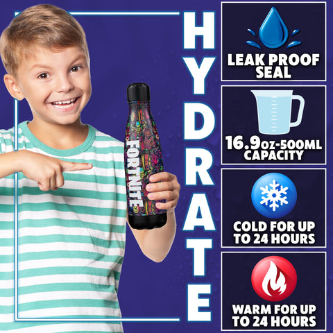 Botella Fortnite con diseño graffiti brillante para fans y estilo único.