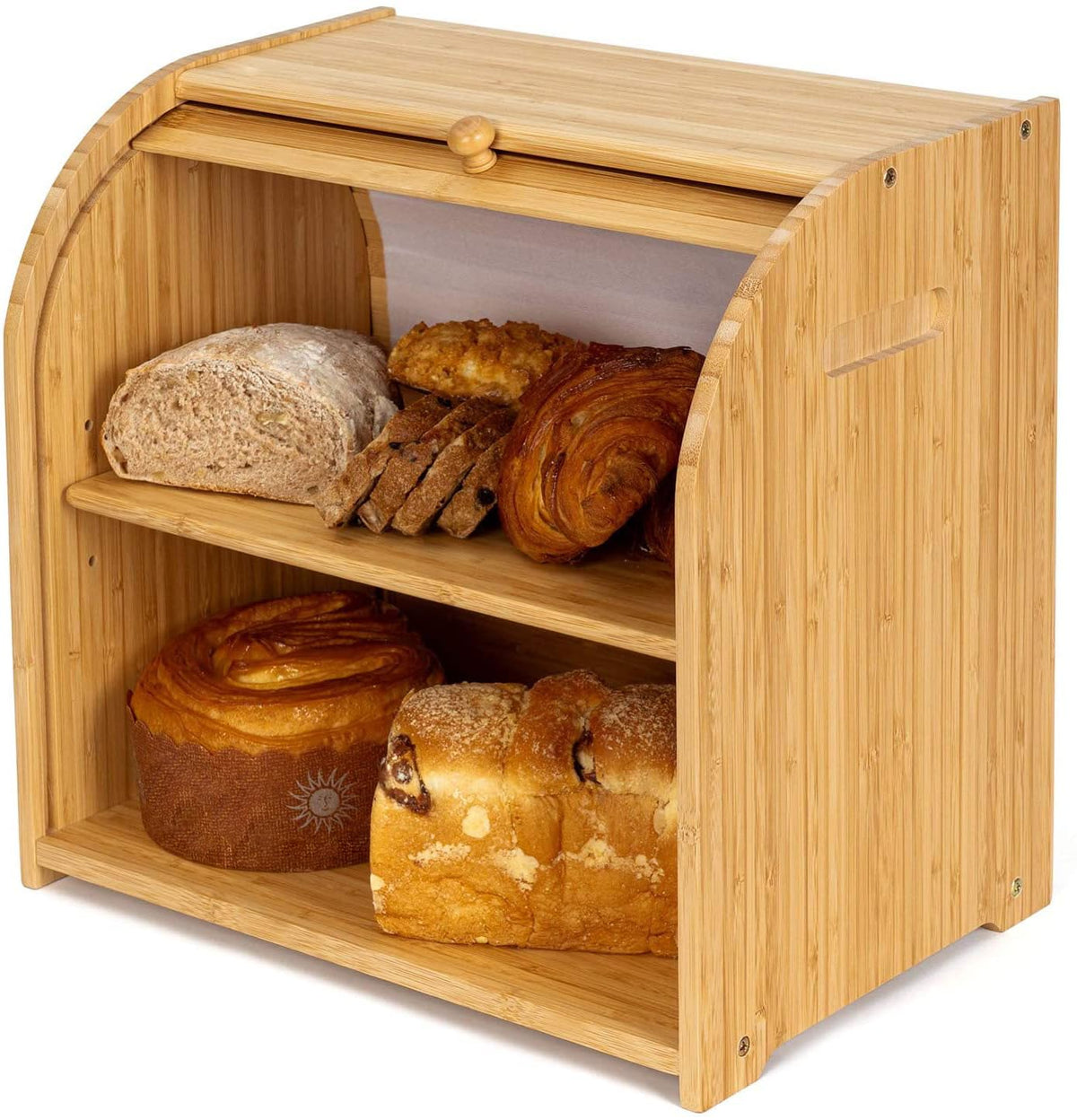 La panera FoverOne de bambú sobre la encimera facilita el acceso y mantiene el pan a la vista.