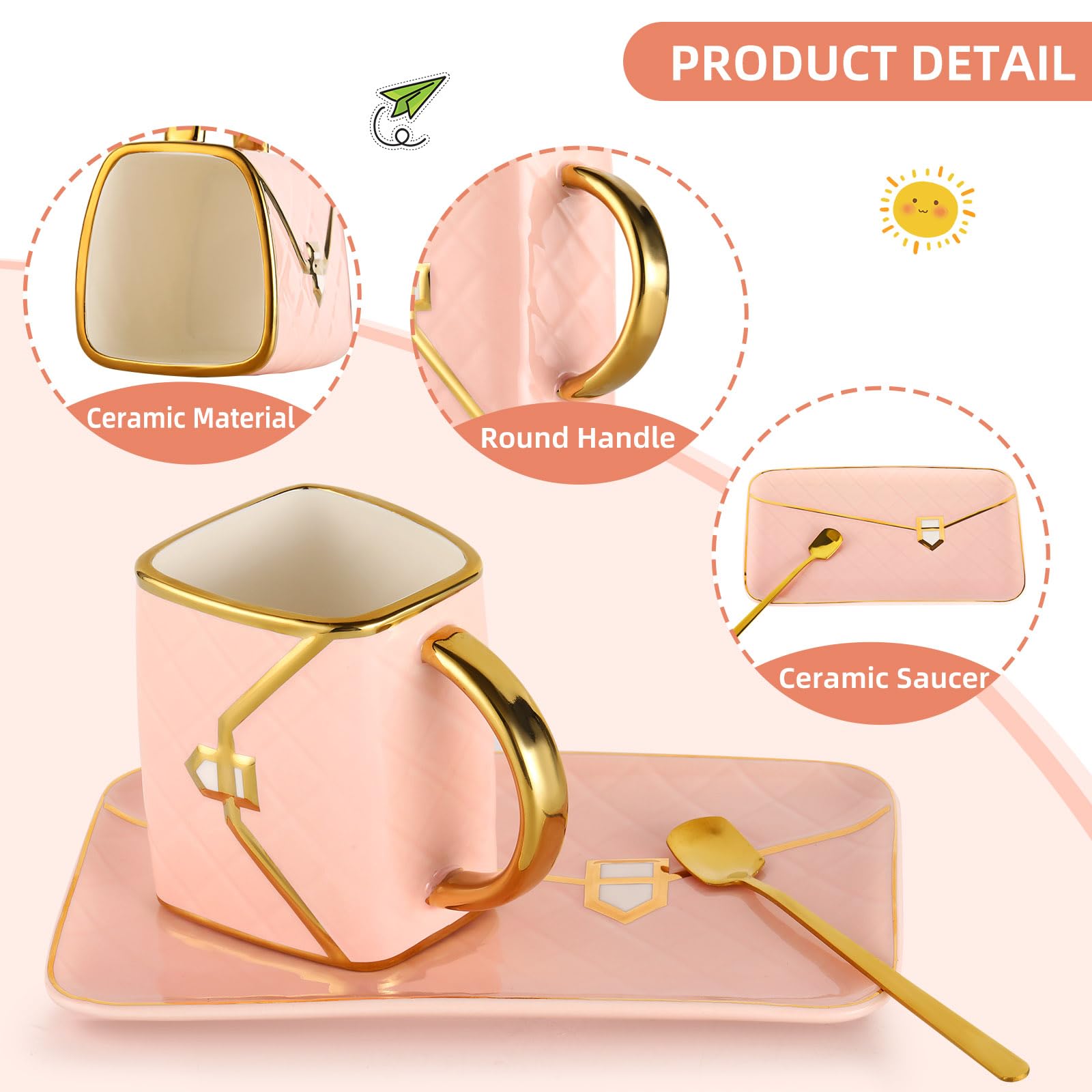 Taza de café Fovima bolso blanco, conjunto con cucharita y plato.