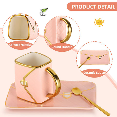 Taza de café Fovima bolso blanco, conjunto con cucharita y plato.