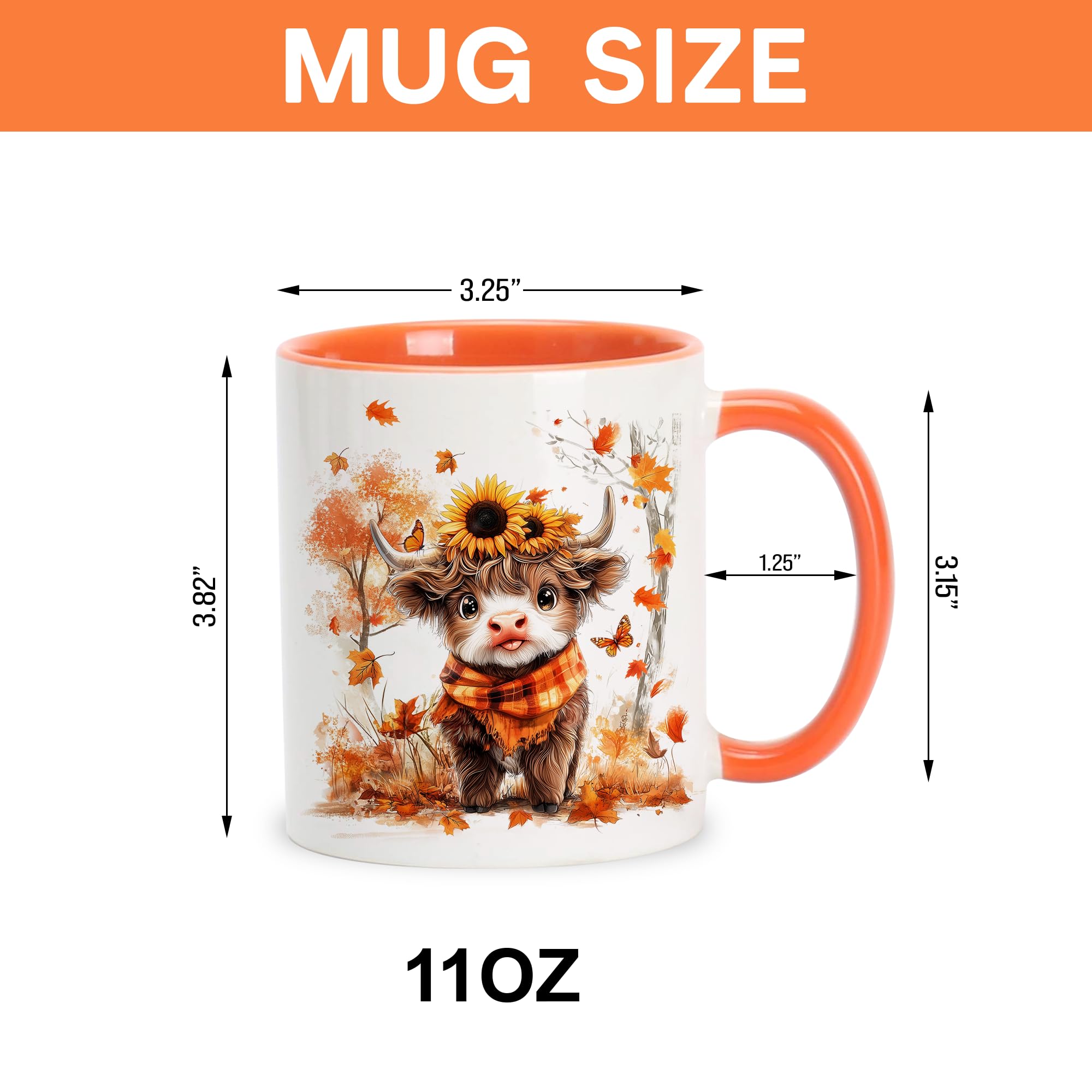 Taza Foxcorner, cerámica blanca y naranja con vaca de las Tierras Altas para bebidas calientes.