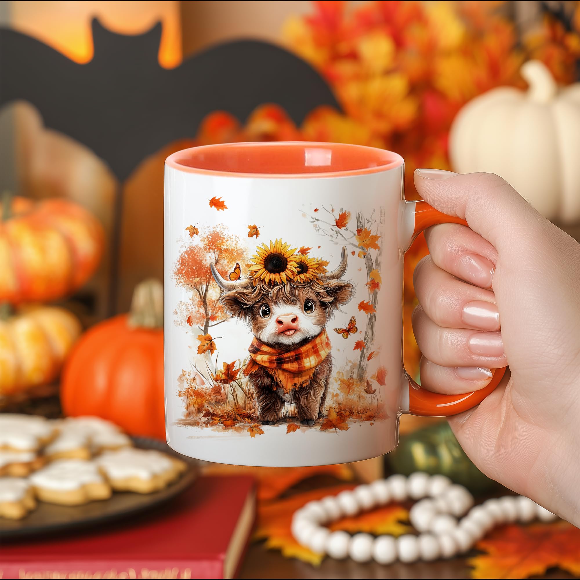 Taza Foxcorner con vaca de las Tierras Altas y hojas de otoño doradas, perfecta para té.