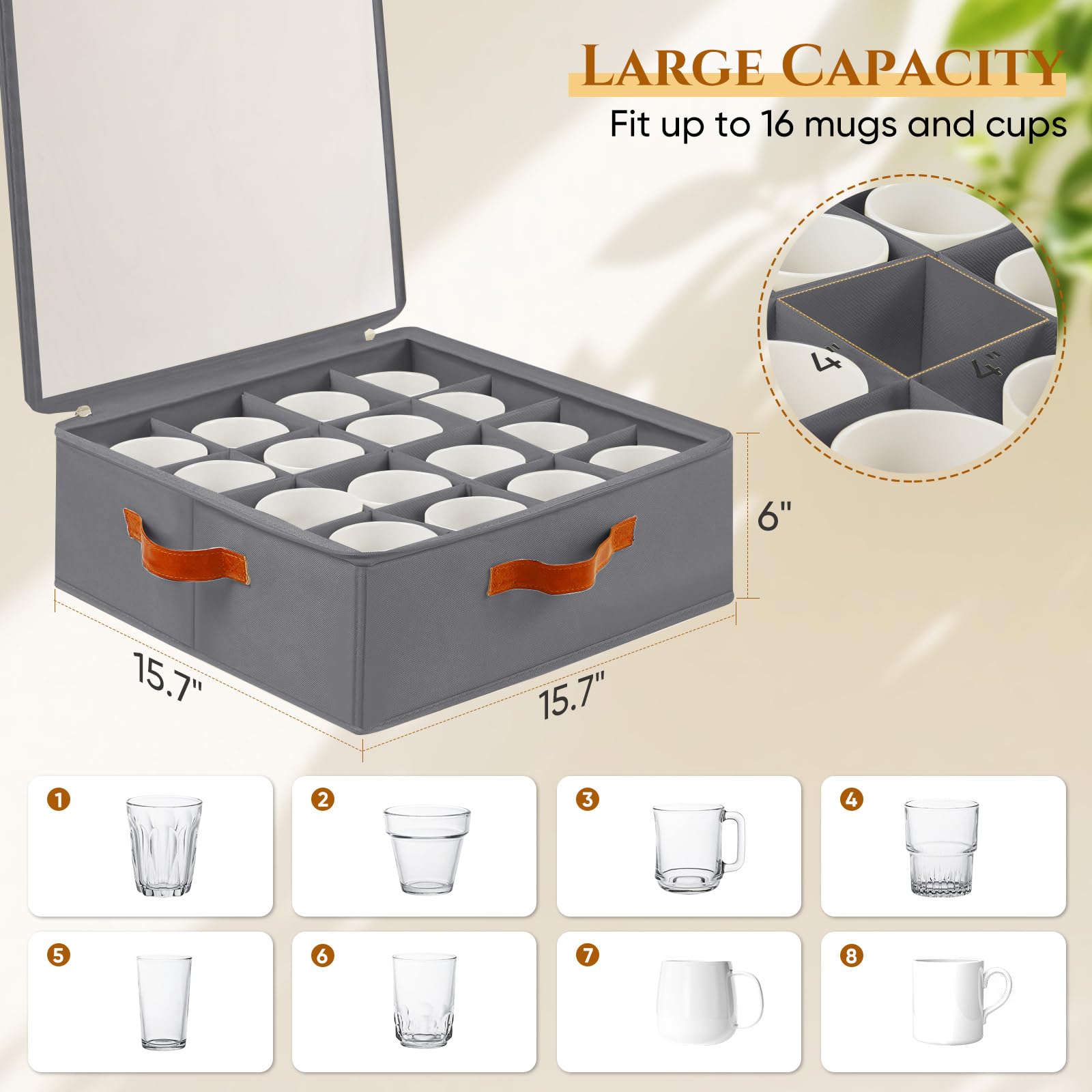 Caja Foyego apilable para tazas con tapa, almacenamiento eficiente.