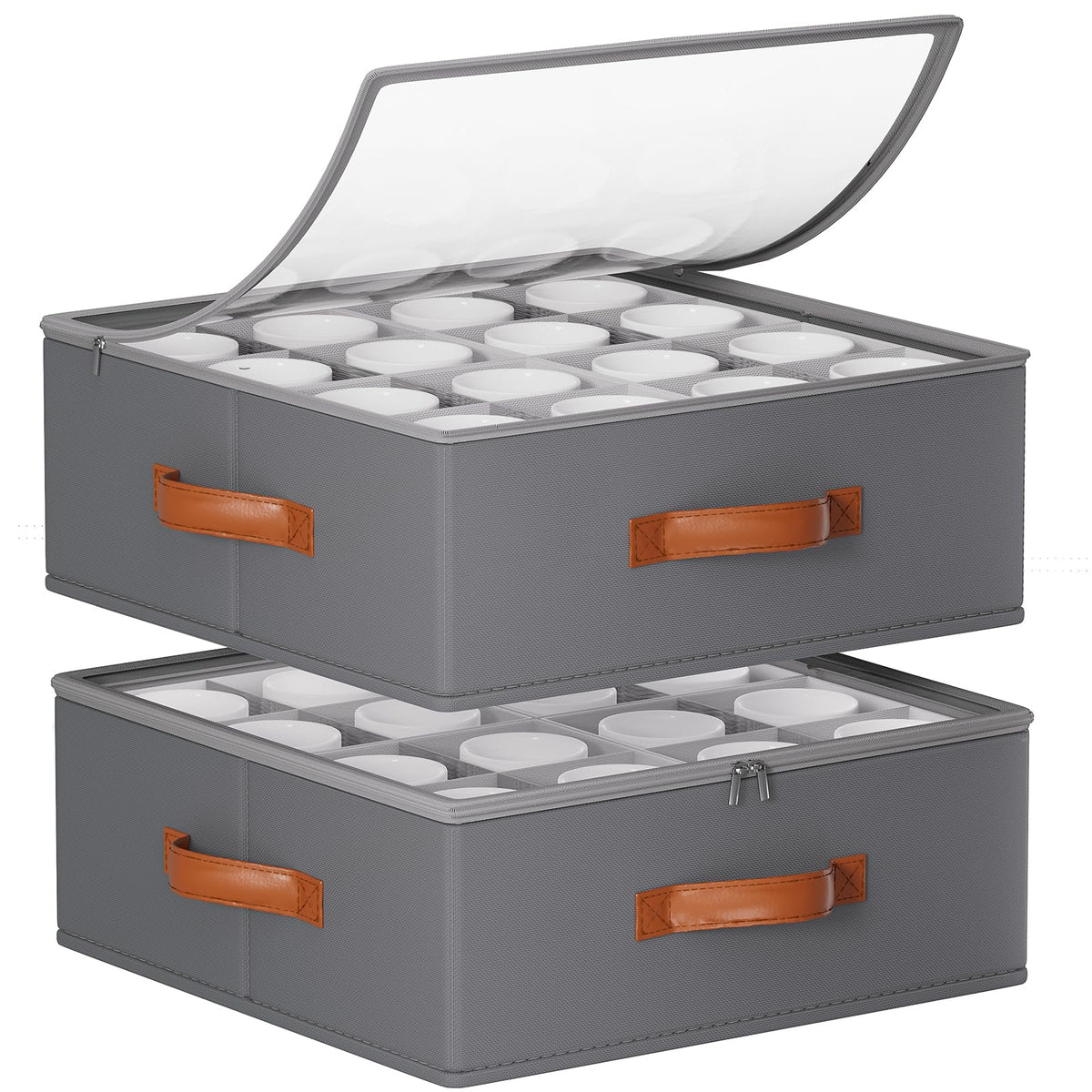 Caja Foyego para tazas con divisores, vista frontal, ideal para identificación rápida.