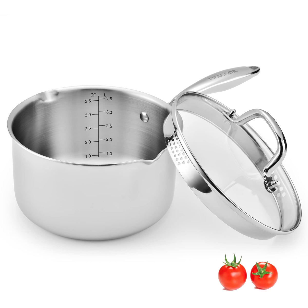 Fracoda olla para salsa con tapa de vidrio, lista para calentar y vigilar.