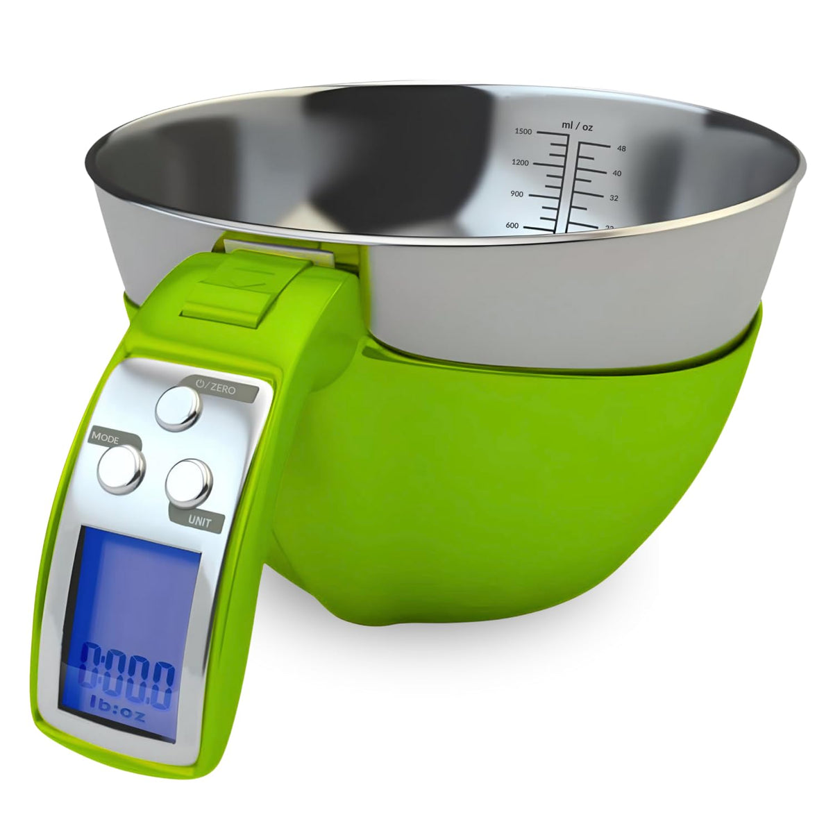Fradel balanza digital con cuenco desmontable verde para medir ingredientes con precisión.