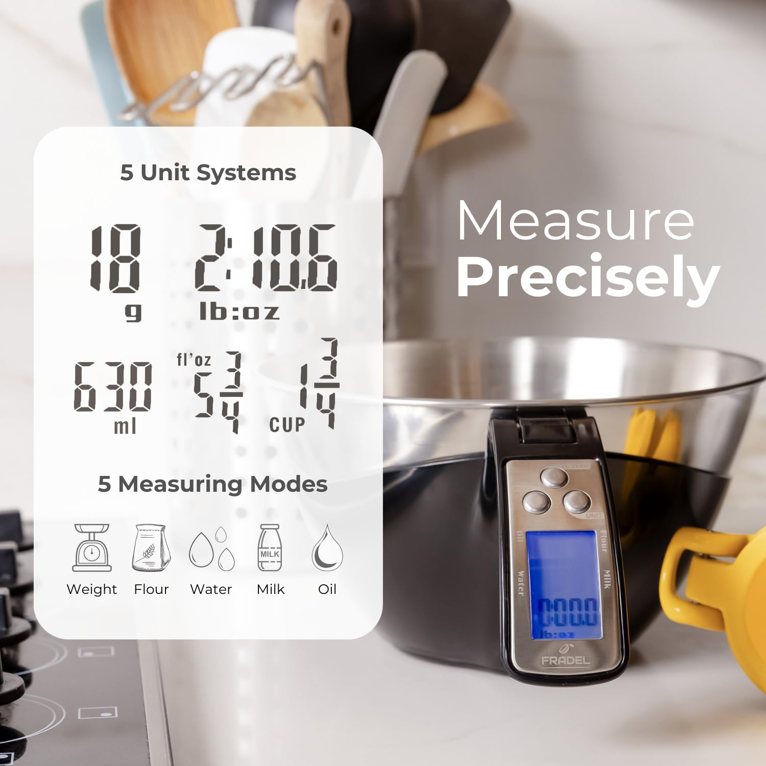 Fradel pesa digital cuenco de acero inoxidable para mezclar y pesar