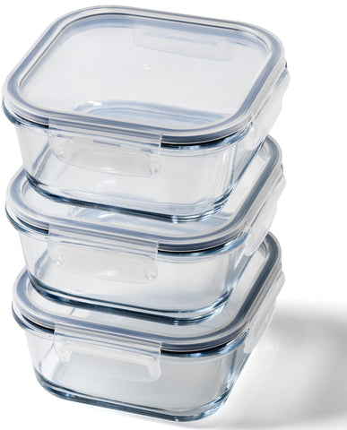 Franklin Lade contenedores de vidrio 27 oz cuadrados, tres piezas para almacenamiento seguro.