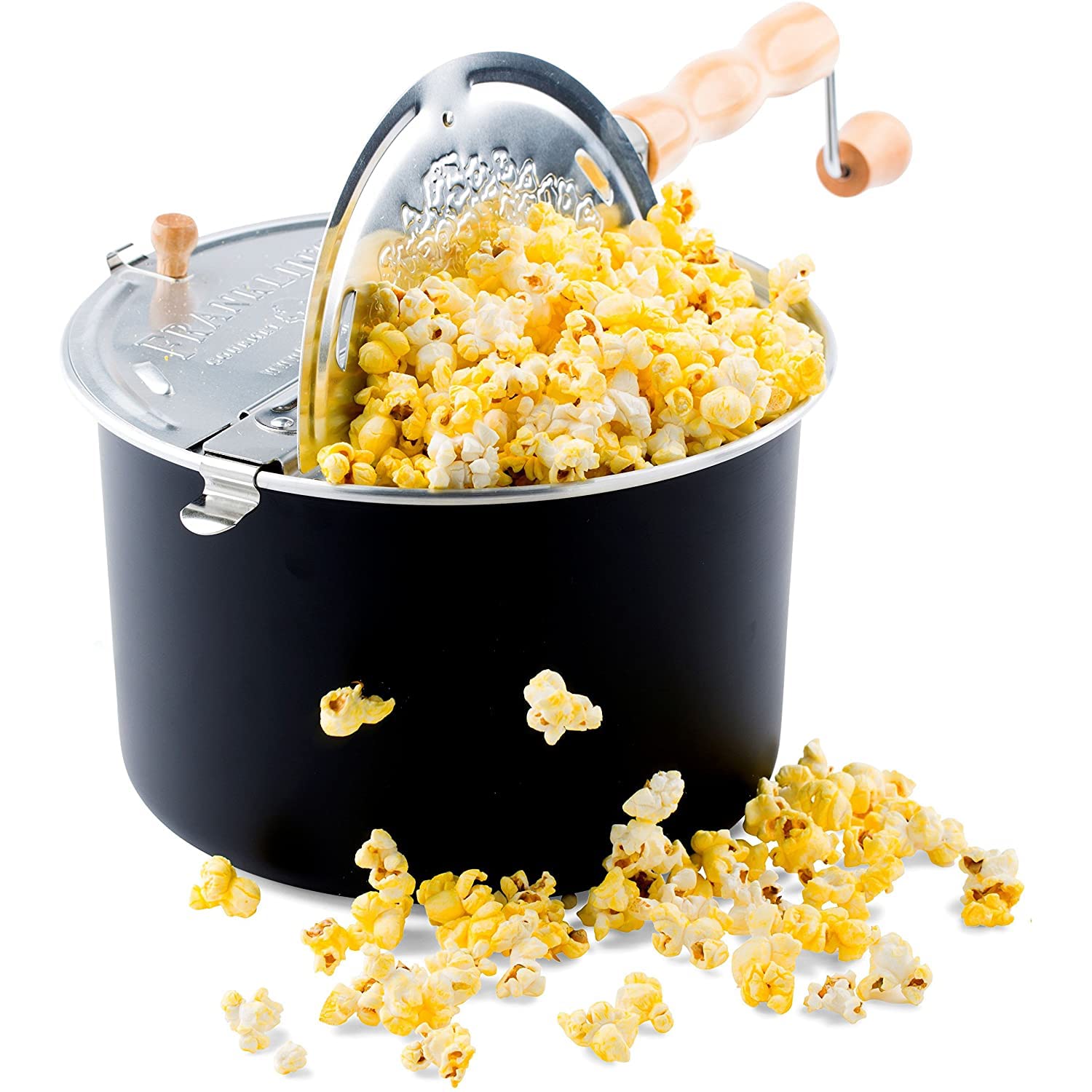 La manija de madera de Franklin's Popcorn Popper ofrece agarre cómodo para un uso seguro en la estufa