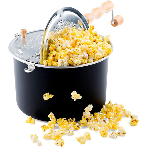 La manija de madera de Franklin's Popcorn Popper ofrece agarre cómodo para un uso seguro en la estufa