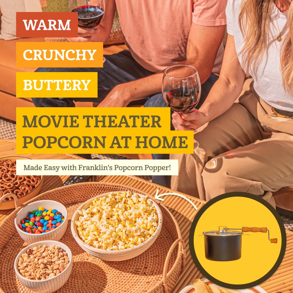 Mecanismo de agitacion patentado de Franklin's Popcorn Popper mantiene cada grano en movimiento