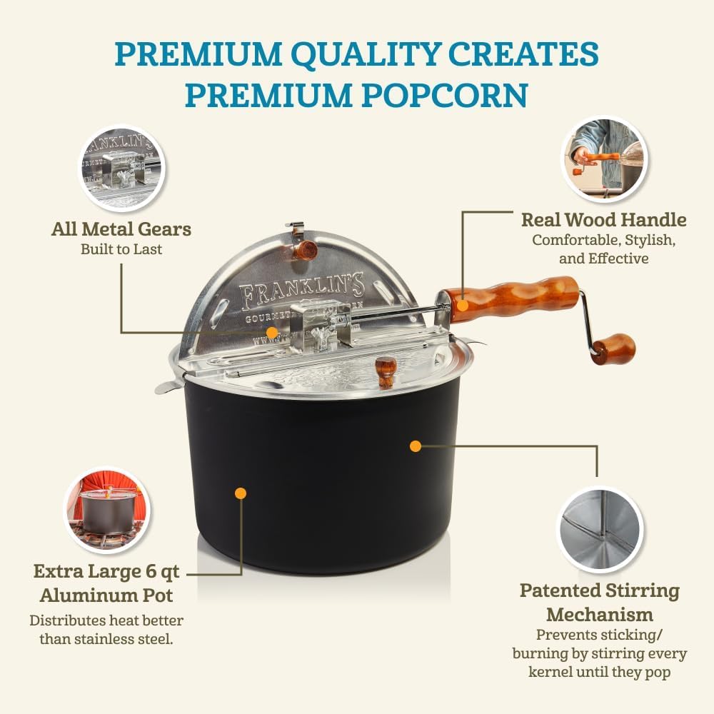 La olla de aluminio de Franklin's Popcorn Popper de 6 qt cocina palomitas de forma uniforme