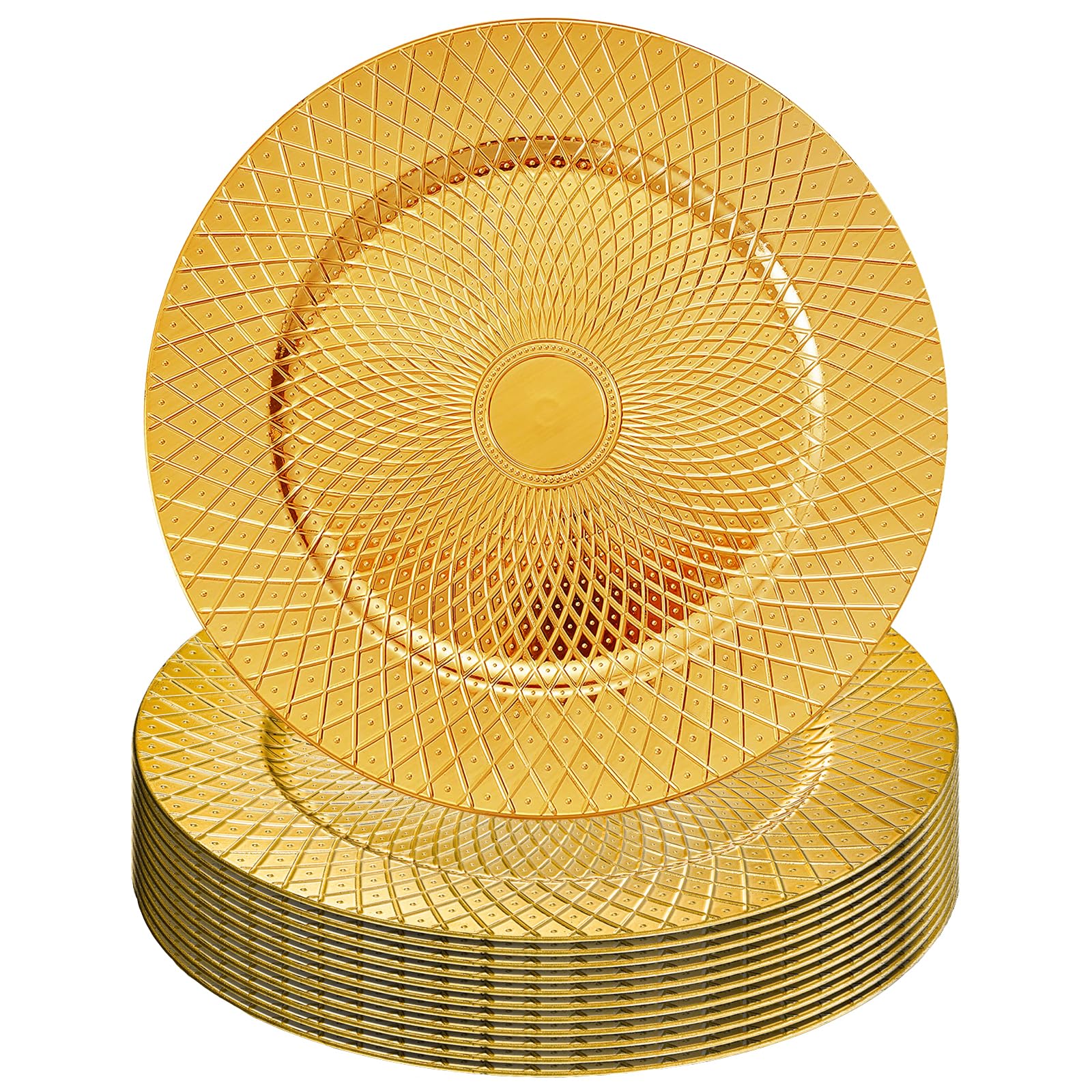Frcctre plato cargador dorado, patrón diamante, ideal para bodas y banquetes.