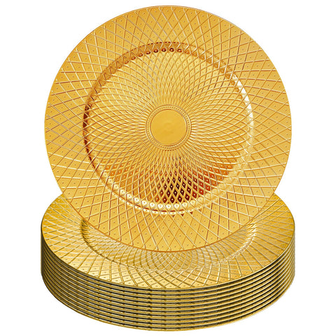 Frcctre plato cargador dorado, patrón diamante, ideal para bodas y banquetes.