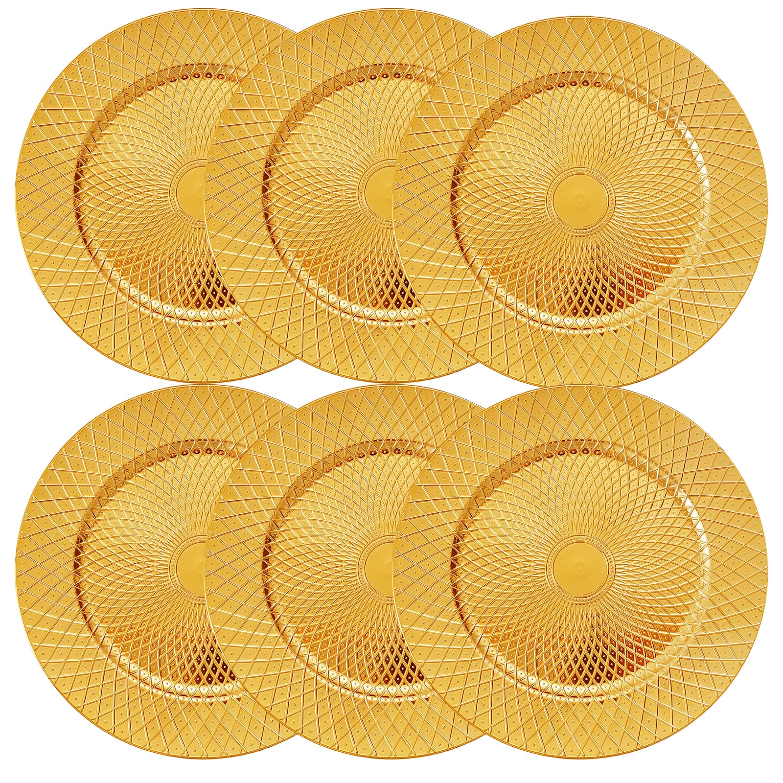 Frcctre plato cargador dorado, patrón diamante, perfecto para presentar entrantes en eventos.