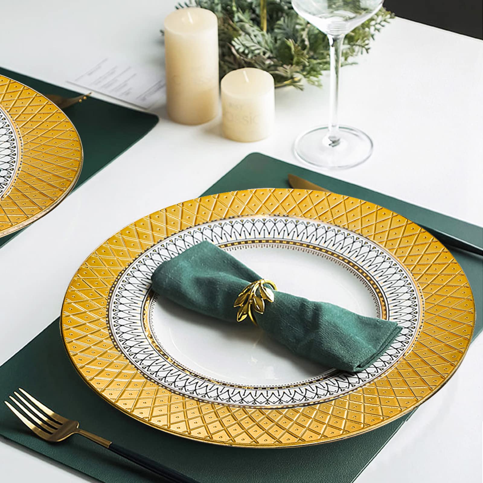 Frcctre plato cargador dorado, patrón diamante, diseño decorativo seguro para mesa.