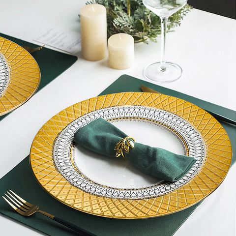 Frcctre plato cargador dorado, patrón diamante, diseño decorativo seguro para mesa.