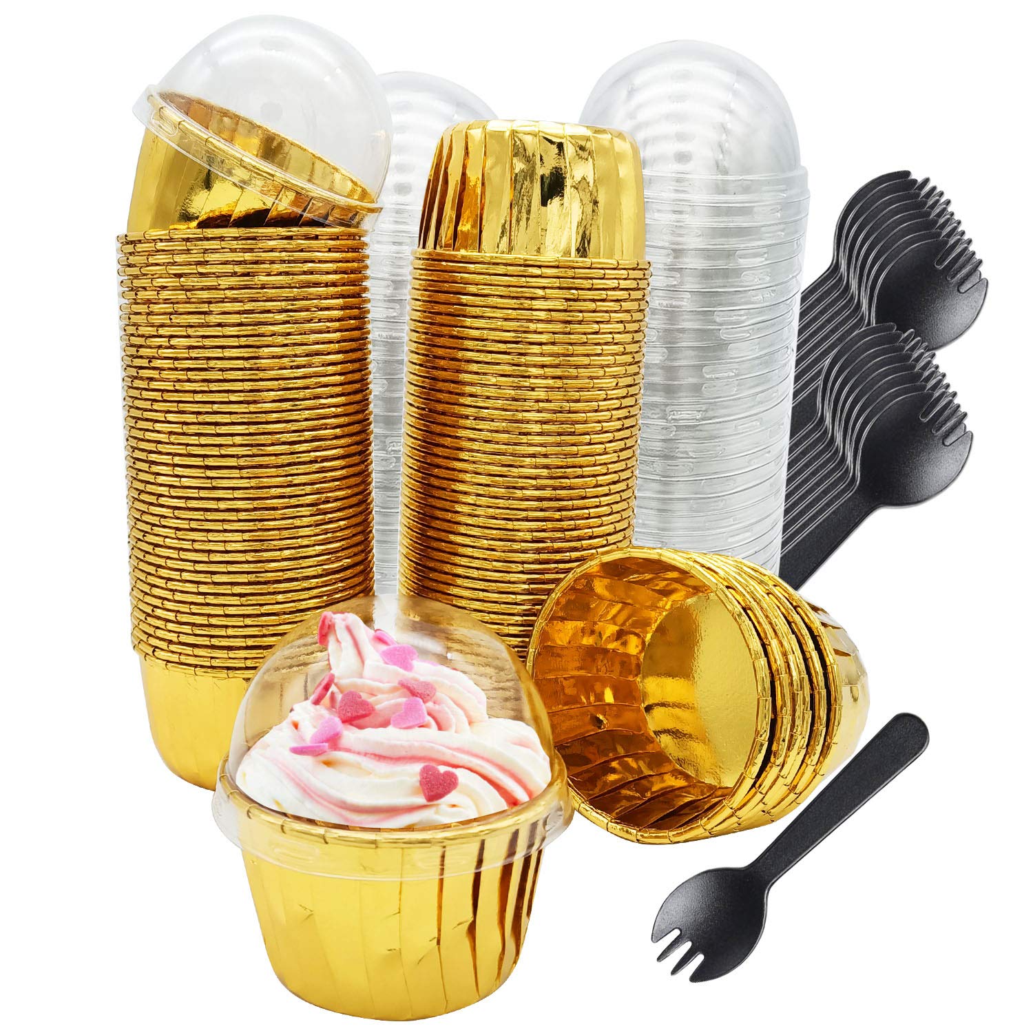 Conjunto Free-Air: forros cupcake mini oro con tapas, presentación elegante para eventos.