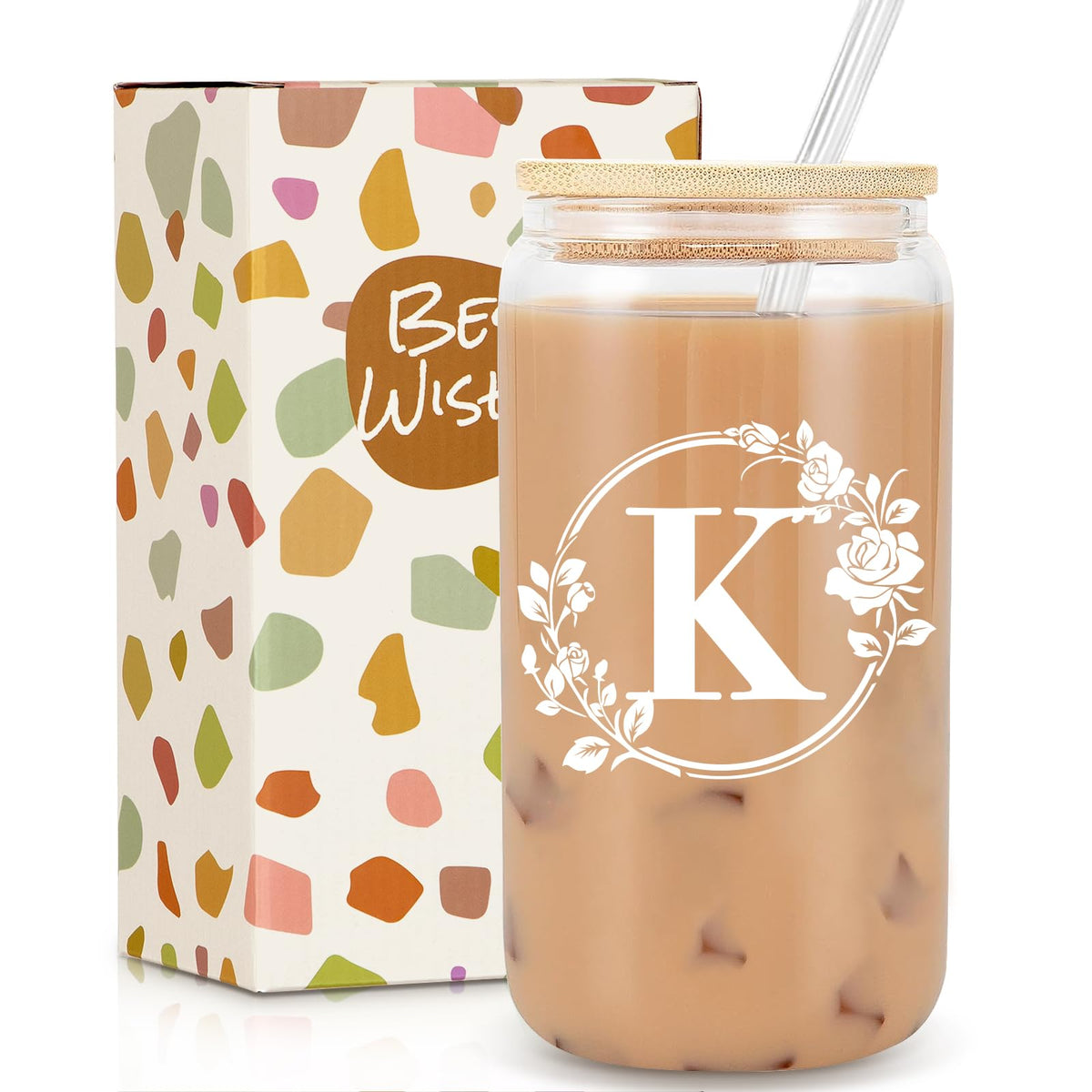 Frerdui taza de cristal 16oz con iniciales, regalo personalizado ideal.