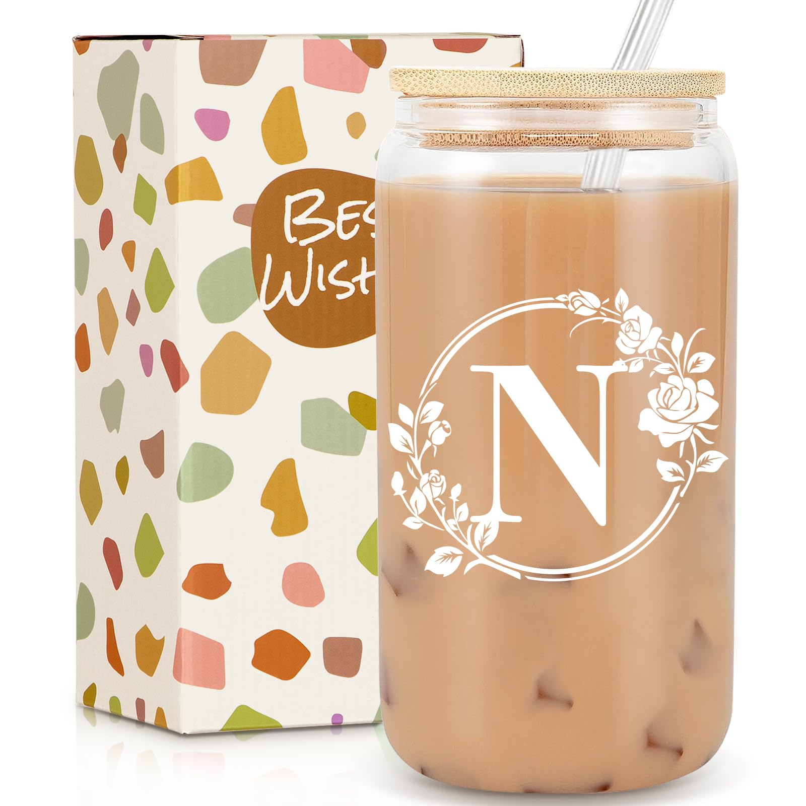 Frerdui taza de vidrio monograma 16oz con tapa y pajilla para bebidas.